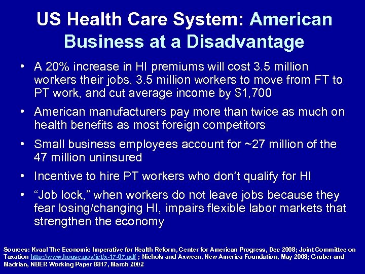 US Health Care System: American Business at a Disadvantage • A 20% increase in