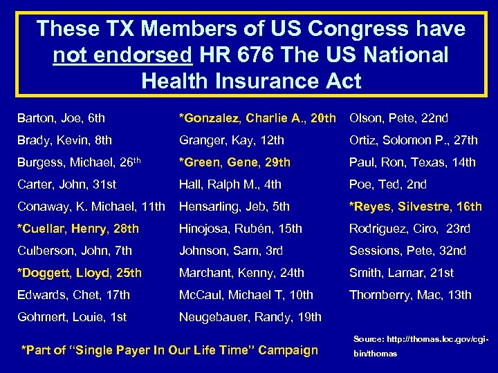 These TX Members of US Congress have not endorsed HR 676 The US National