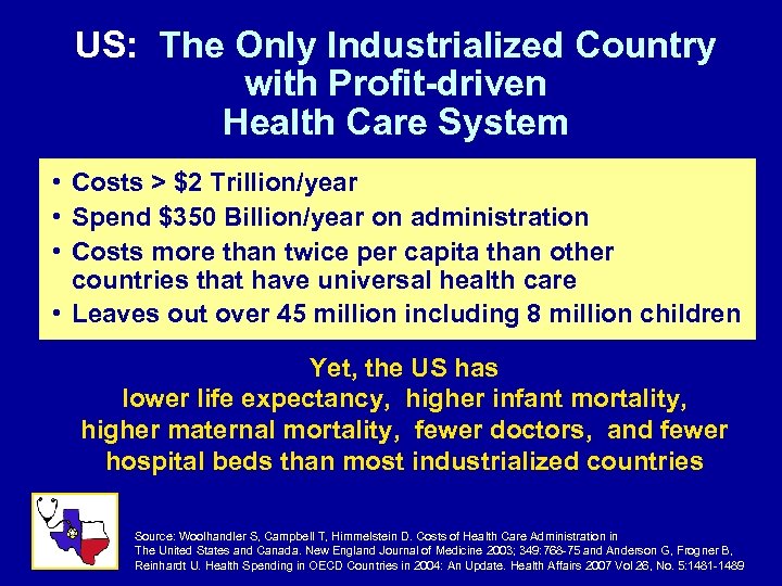 US: The Only Industrialized Country with Profit-driven Health Care System • Costs > $2