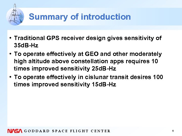 Summary of introduction • Traditional GPS receiver design gives sensitivity of 35 d. B-Hz