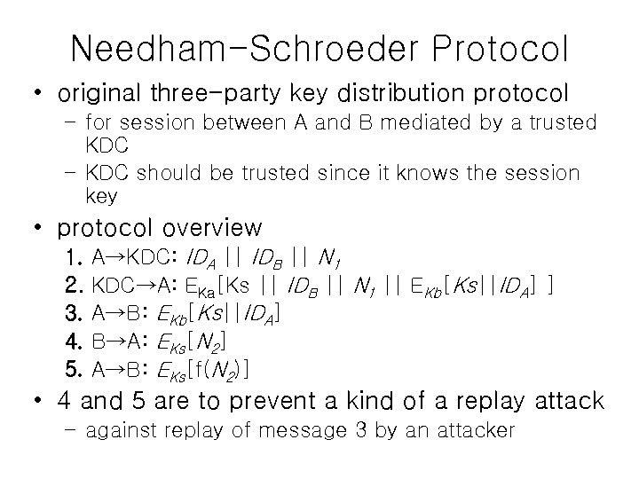 Needham-Schroeder Protocol • original three-party key distribution protocol – for session between A and