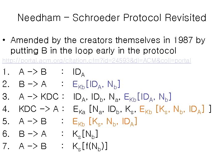 Needham – Schroeder Protocol Revisited • Amended by the creators themselves in 1987 by