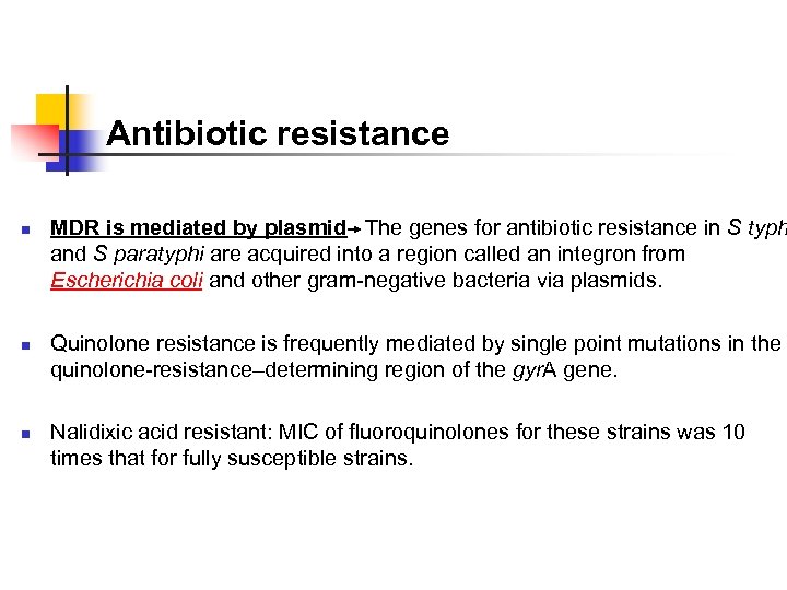Antibiotic resistance n n n MDR is mediated by plasmid The genes for antibiotic