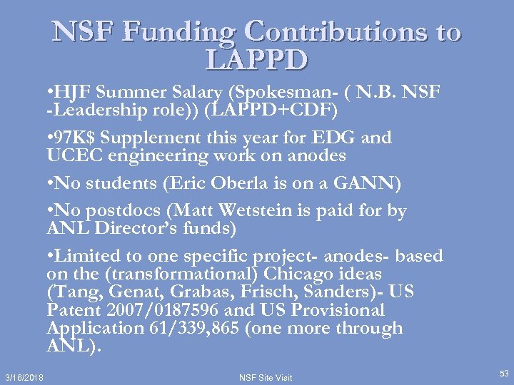 NSF Funding Contributions to LAPPD • HJF Summer Salary (Spokesman- ( N. B. NSF
