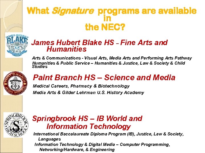 What Signature programs are available in the NEC? James Hubert Blake HS – Fine