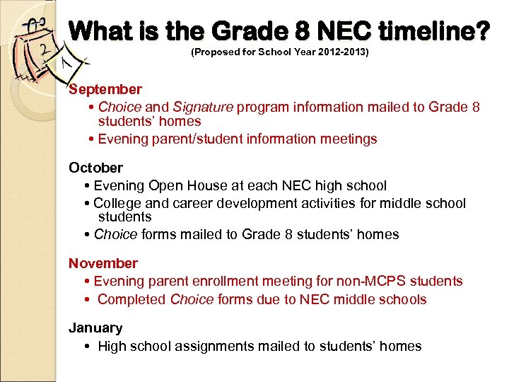 What is the Grade 8 NEC timeline? (Proposed for School Year 2012 -2013) September