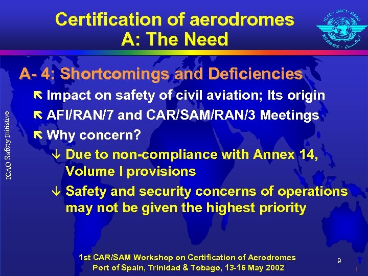 Certification of aerodromes A: The Need A- 4: Shortcomings and Deficiencies ICAO Safety Initiative