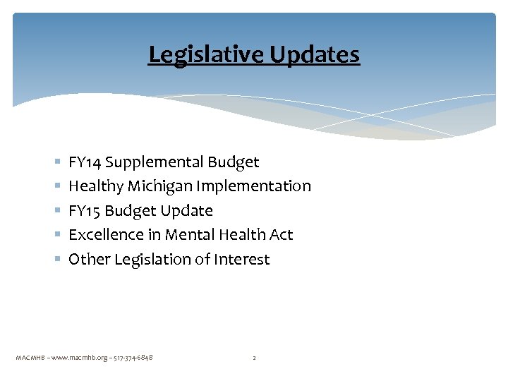 Legislative Updates § § § FY 14 Supplemental Budget Healthy Michigan Implementation FY 15
