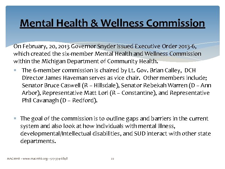 Mental Health & Wellness Commission On February, 2013 Governor Snyder issued Executive Order 2013