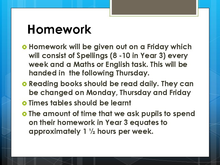 Homework will be given out on a Friday which will consist of Spellings (8