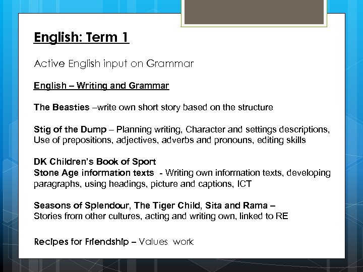 English: Term 1 Active English input on Grammar English – Writing and Grammar The
