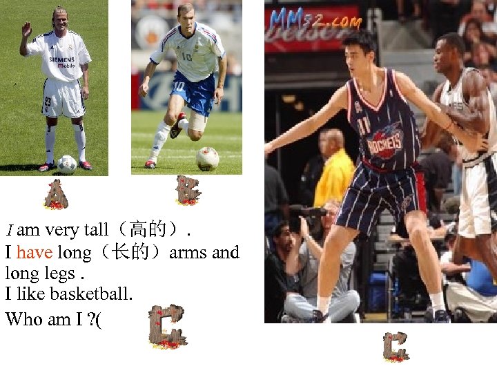 I am very tall（高的）. I have long（长的）arms and long legs. I like basketball. Who