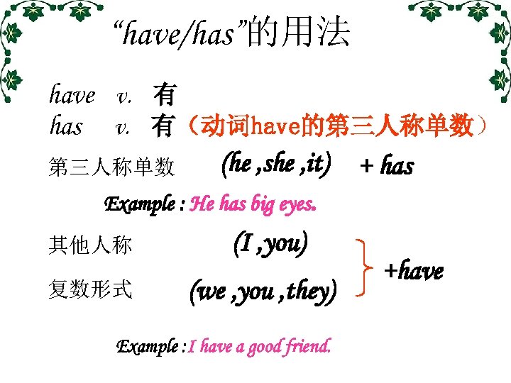 “have/has”的用法 have v. 有 has v. 有（动词have的第三人称单数） (he , she , it) + has