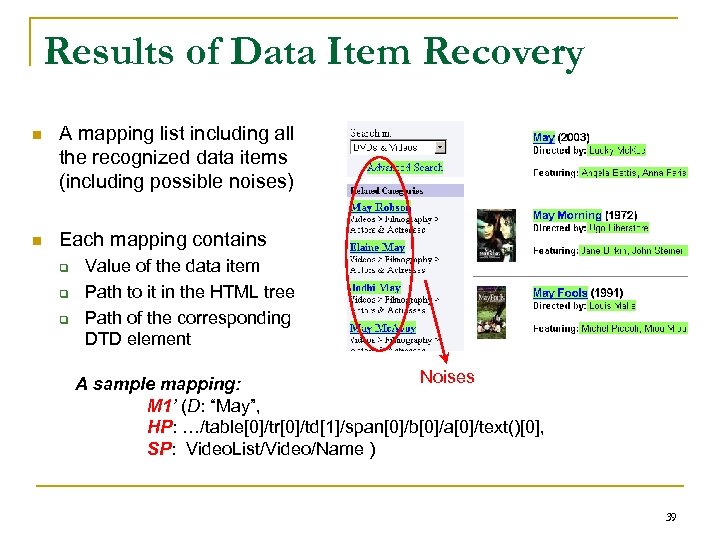 Results of Data Item Recovery n A mapping list including all the recognized data