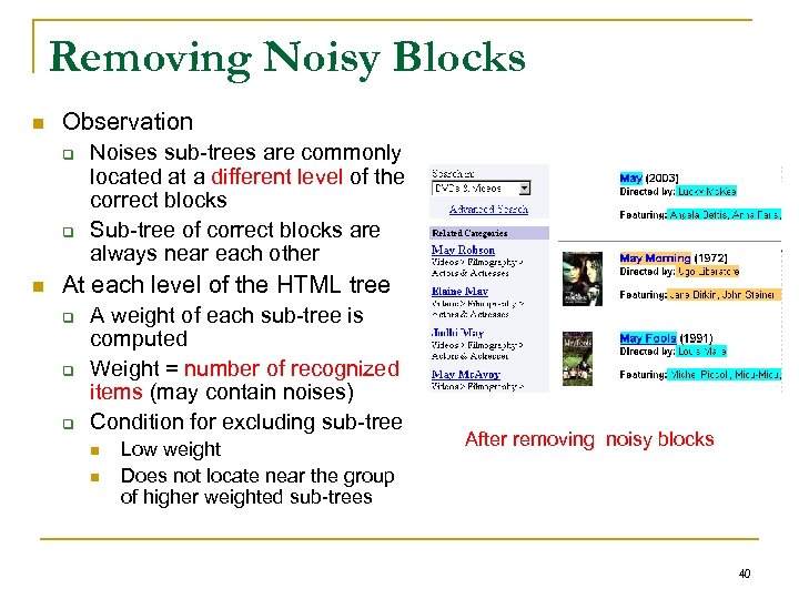 Removing Noisy Blocks n Observation q q n Noises sub-trees are commonly located at