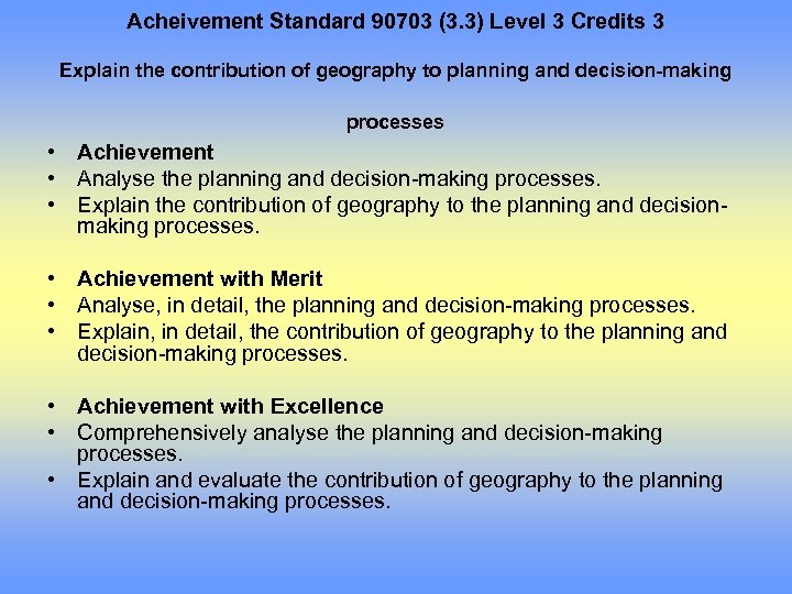 Acheivement Standard 90703 (3. 3) Level 3 Credits 3 Explain the contribution of geography