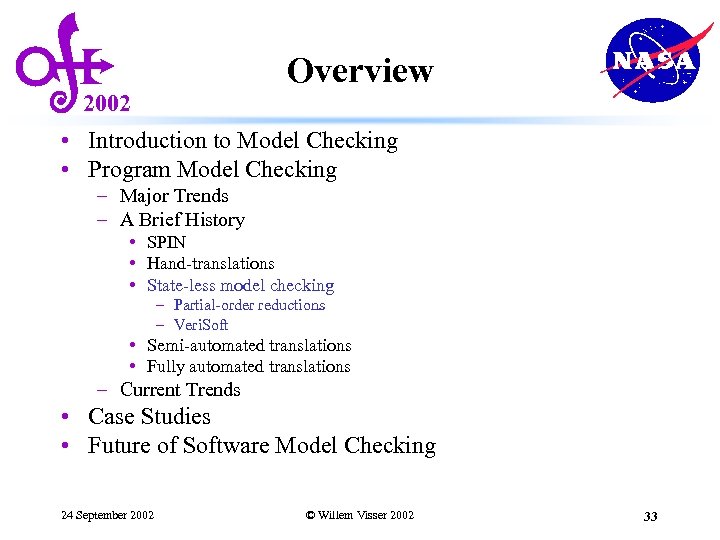 Overview 2002 • Introduction to Model Checking • Program Model Checking – Major Trends