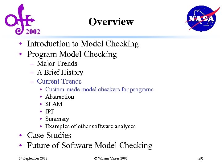 Overview 2002 • Introduction to Model Checking • Program Model Checking – Major Trends