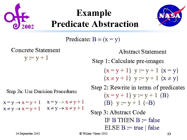 2002 Example Predicate Abstraction Predicate: B (x = y) Concrete Statement y : =