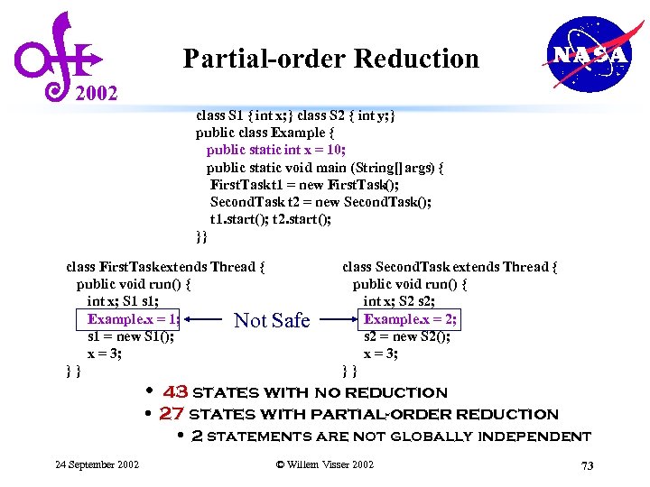 Partial-order Reduction 2002 class S 1 { int x; } class S 2 {