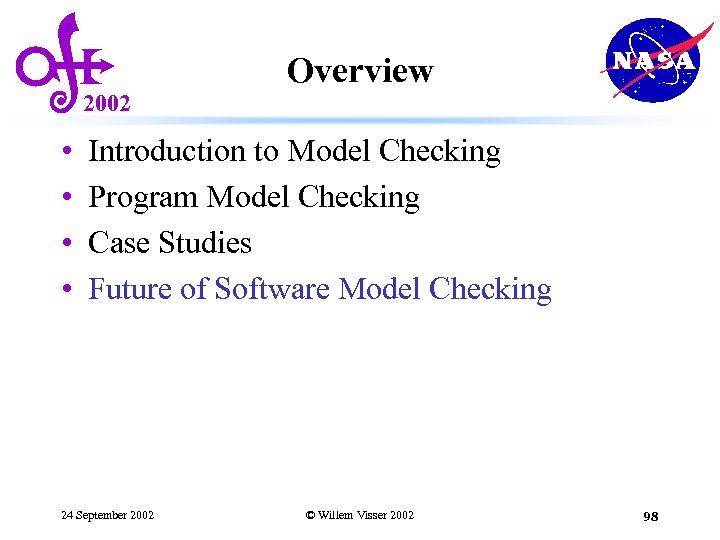 2002 • • Overview Introduction to Model Checking Program Model Checking Case Studies Future