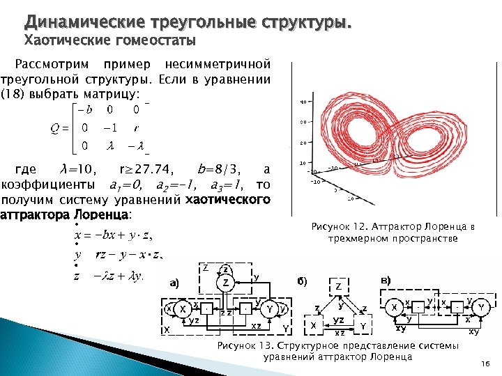 Динамические треугольные структуры. Хаотические гомеостаты Рассмотрим пример несимметричной треугольной структуры. Если в уравнении (18)