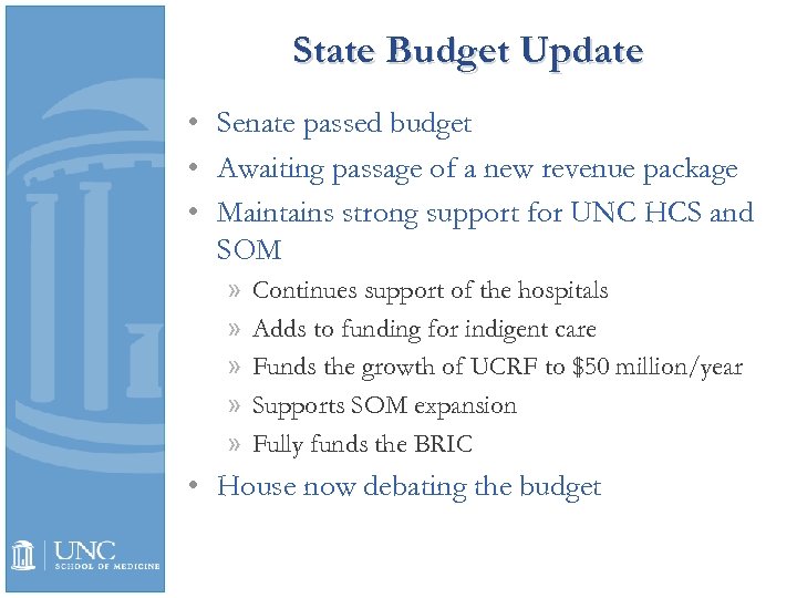State Budget Update • Senate passed budget • Awaiting passage of a new revenue