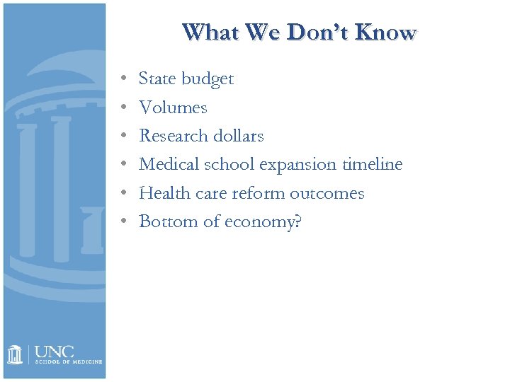 What We Don’t Know • • • State budget Volumes Research dollars Medical school