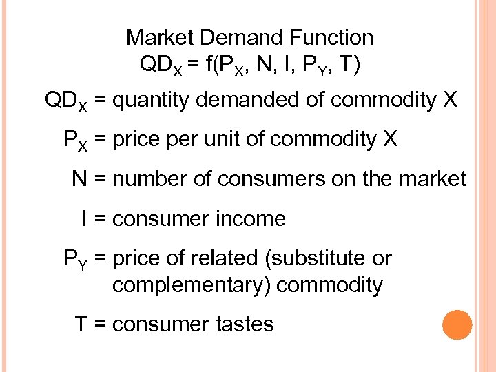 Market Demand Function QDX = f(PX, N, I, PY, T) QDX = quantity demanded