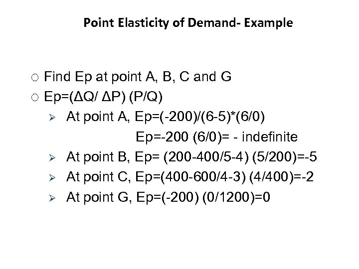 Point Elasticity of Demand- Example ¡ ¡ Find Ep at point A, B, C