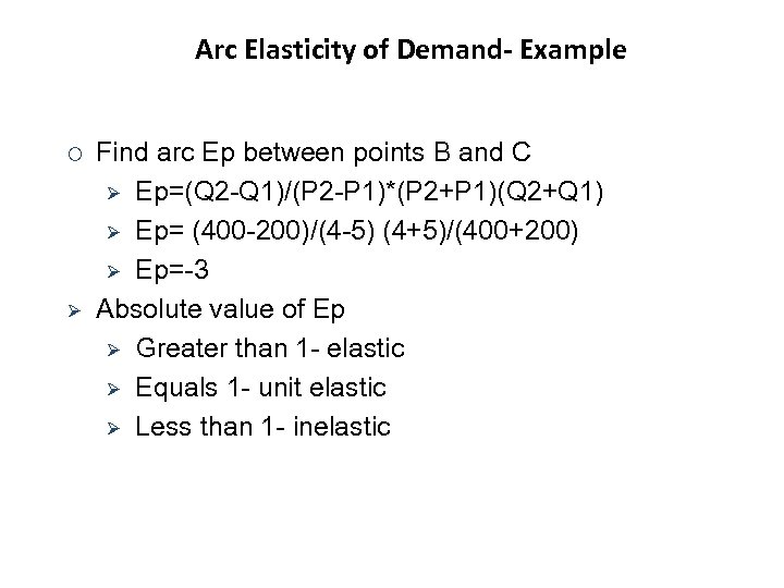 Arc Elasticity of Demand- Example ¡ Ø Find arc Ep between points B and