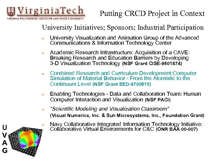 Putting CRCD Project in Context University Initiatives; Sponsors; Industrial Participation n n University Visualization