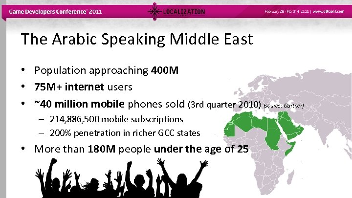 The Arabic Speaking Middle East • Population approaching 400 M • 75 M+ internet