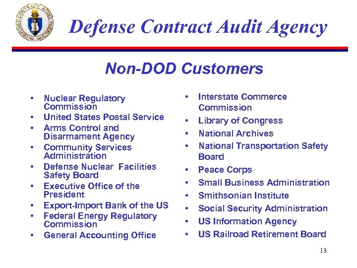 Defense Contract Audit Agency Non-DOD Customers • • • Nuclear Regulatory Commission United States