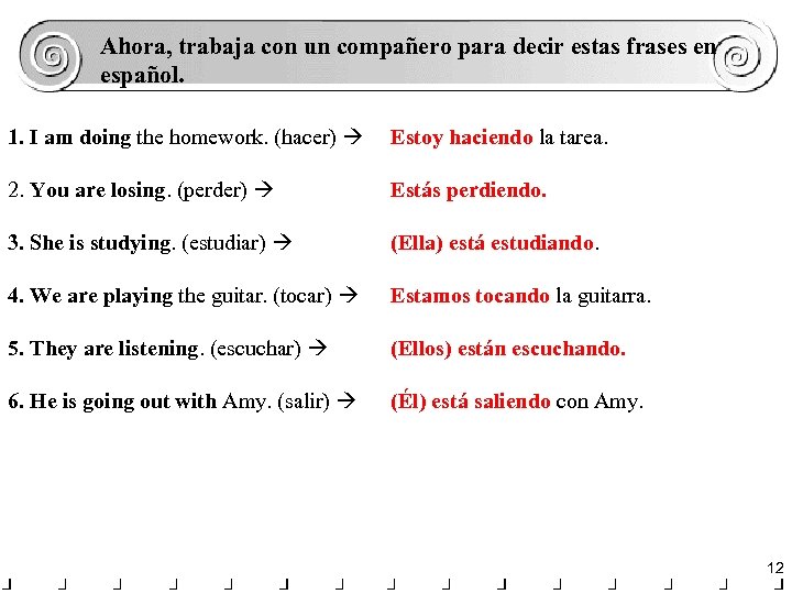 Ahora, trabaja con un compañero para decir estas frases en español. 1. I am