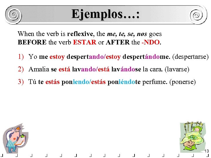 Ejemplos…: When the verb is reflexive, the me, te, se, nos goes BEFORE the