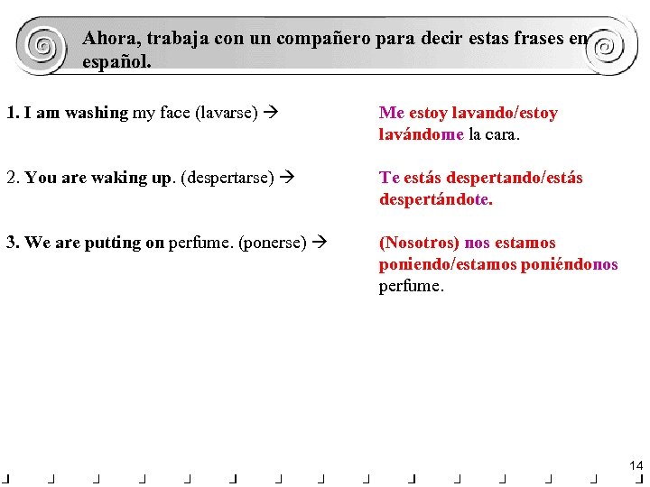 Ahora, trabaja con un compañero para decir estas frases en español. 1. I am