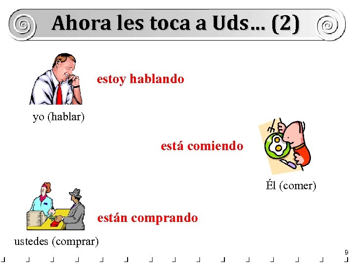 Ahora les toca a Uds… (2) estoy hablando yo (hablar) está comiendo Él (comer)
