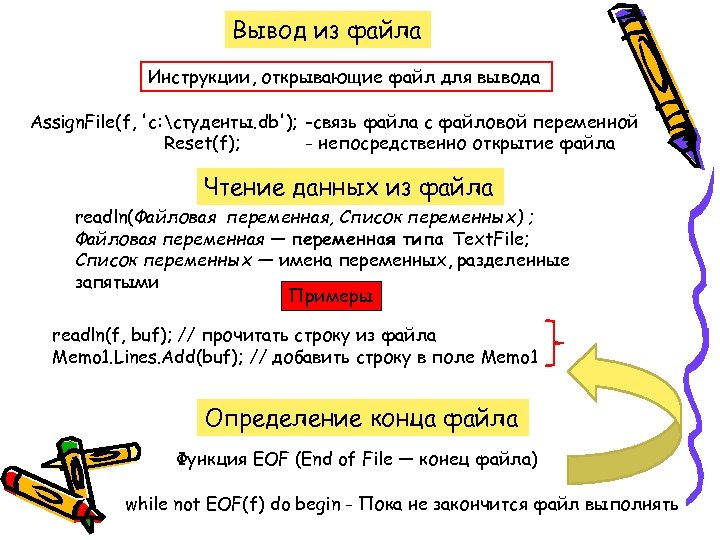Вывод из файла Инструкции, открывающие файл для вывода Assign. File(f, 'c: студенты. db'); -связь