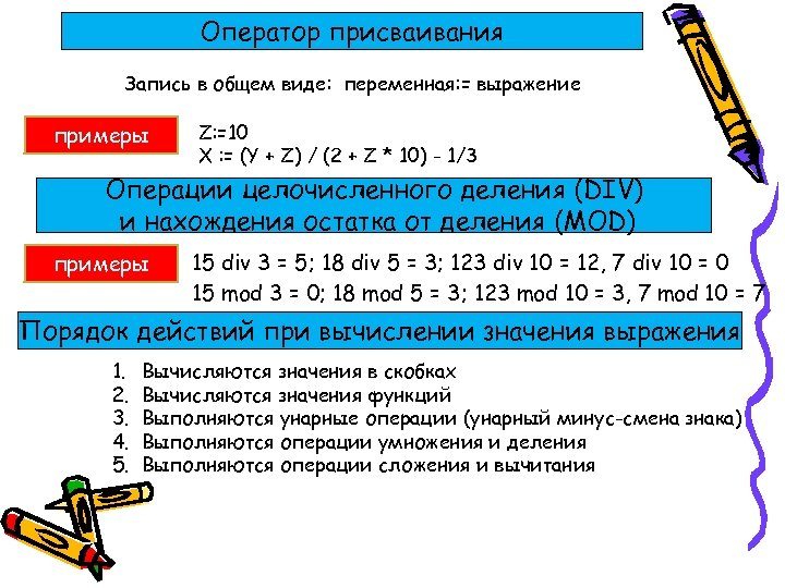 Запись оператора присваивания. Mod остаток от деления. Оператор целочисленного деления. Оператор – умножение с присваиванием.