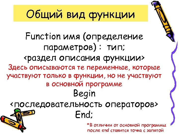 Общий вид функции Function имя (определение параметров) : тип; <раздел описания функции> Здесь описываются