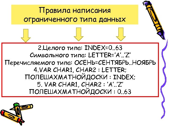Правила написания ограниченного типа данных 2. Целого типа: INDEX=0. . 63 Символьного типа: LETTER=’A’.
