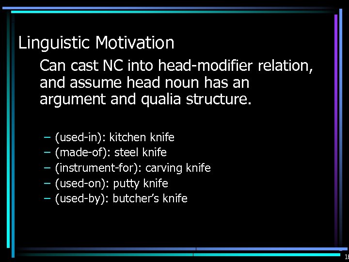 Linguistic Motivation Can cast NC into head-modifier relation, and assume head noun has an