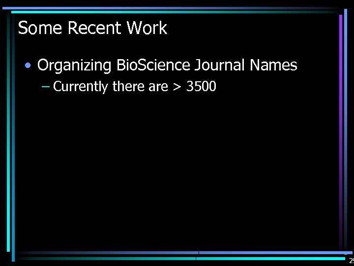 Some Recent Work • Organizing Bio. Science Journal Names – Currently there are >