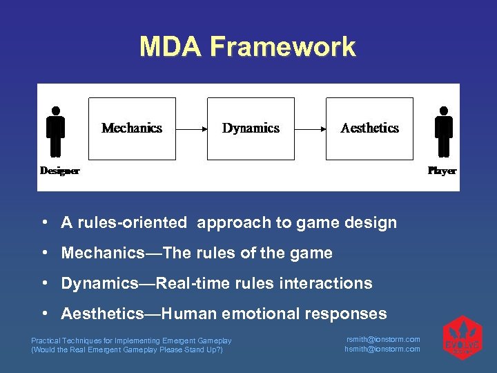 MDA Framework • A rules-oriented approach to game design • Mechanics—The rules of the