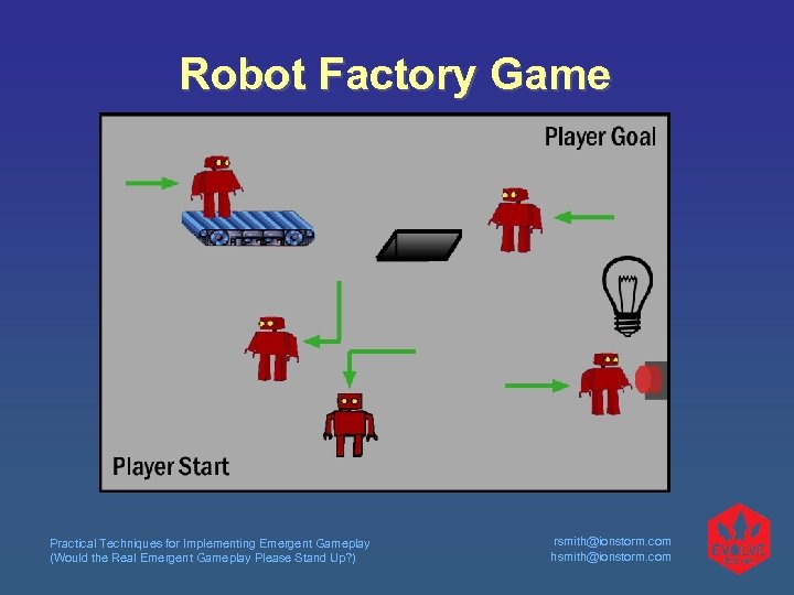 Robot Factory Game Practical Techniques for Implementing Emergent Gameplay (Would the Real Emergent Gameplay