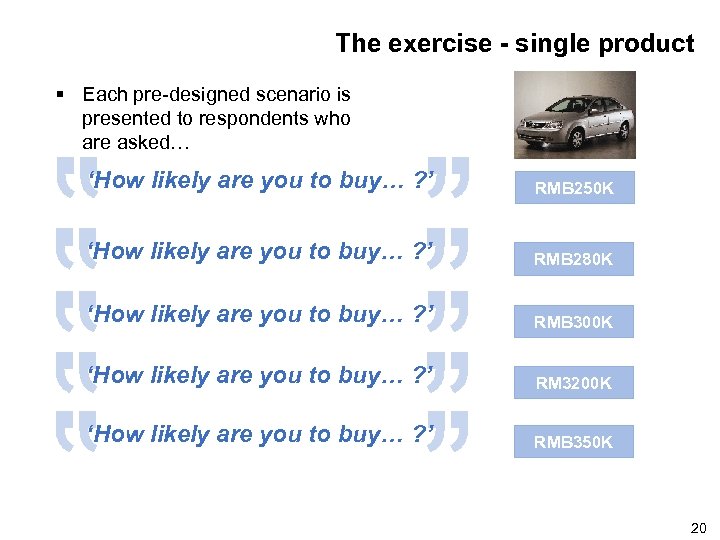 The exercise - single product § Each pre-designed scenario is presented to respondents who