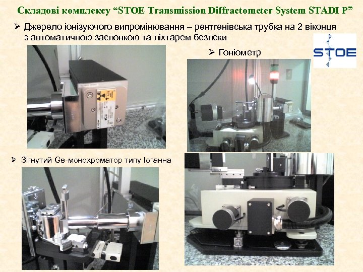 Складові комплексу “STOE Transmission Diffractometer System STADI P” Ø Джерело іонізуючого випромінювання – рентгенівська