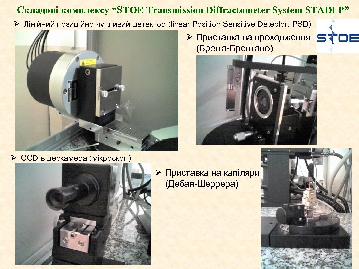 Складові комплексу “STOE Transmission Diffractometer System STADI P” Ø Лінійний позиційно-чутливий детектор (linear Position