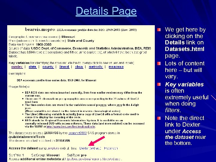 Details Page We get here by clicking on the Details link on Datasets. html